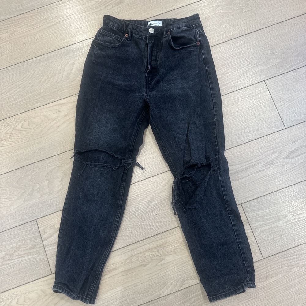 Zara Black Ripped Denim Pants